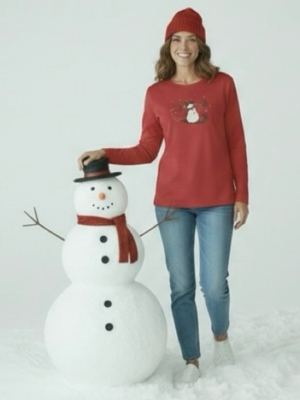 Rebecca Malone Red Snowman Embroidered Christmas Top 1X